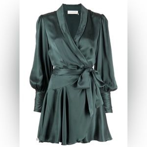 Zimmermann mini silk wrap dress in Bottle Green. Size 0. Great for holidays!!